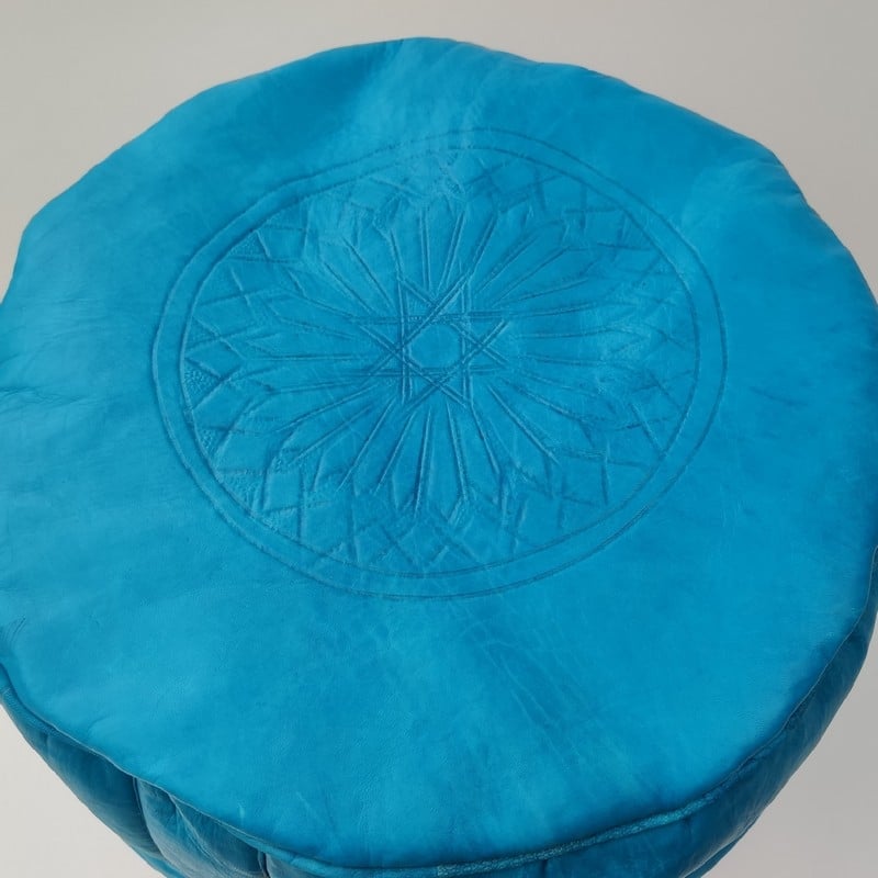 Puff de cuero marroquí alto Turquesa - Imagen 4